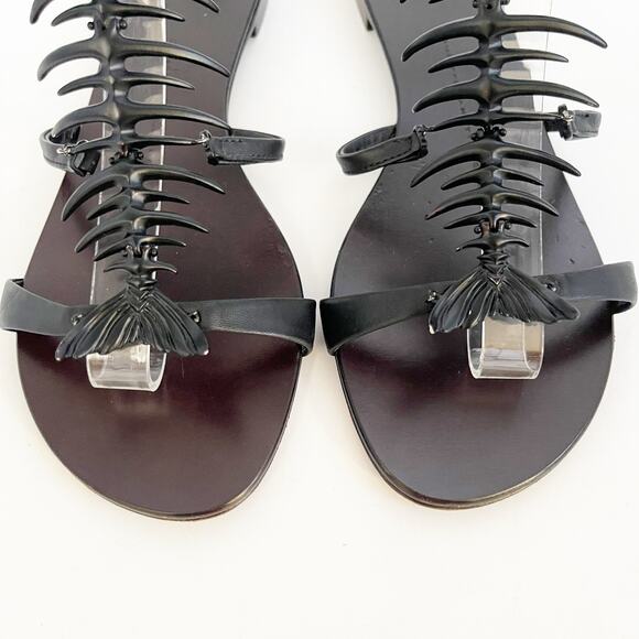 Giuseppe Zanotti Black Leather Fishbone Flat Ankle Strap Sandals IT 37.5 - Picture 7 of 12